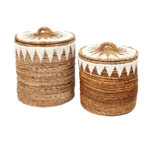 two woven baskets with lids