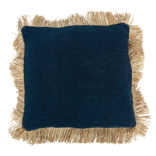 cotton cushion sea blue with raffia trim