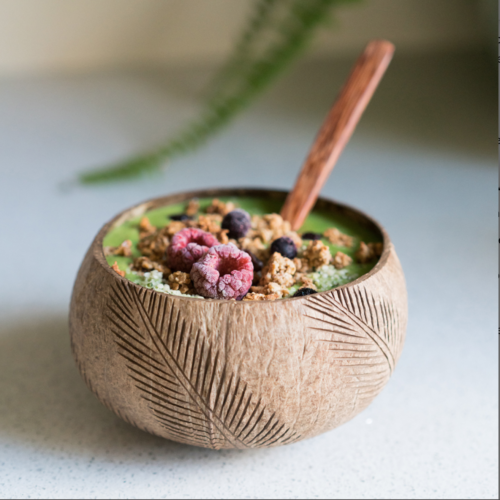 Palmleave_500ml bowl made from coconut shell filled with a smoothie and fruit