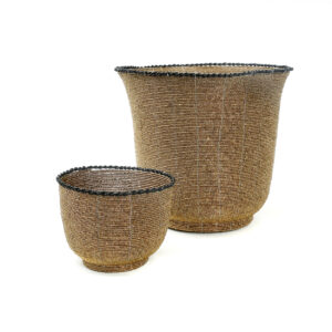 small and larger basket made of golden beads