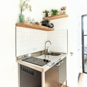 Kitchen with wooden shelves and plants and flowers