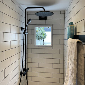 black and white bathroom with rain shower