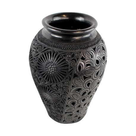 openwork black ceramic vase on white background