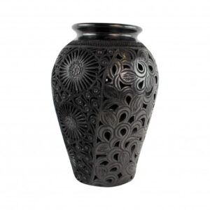 large black vase open decorated with flowers