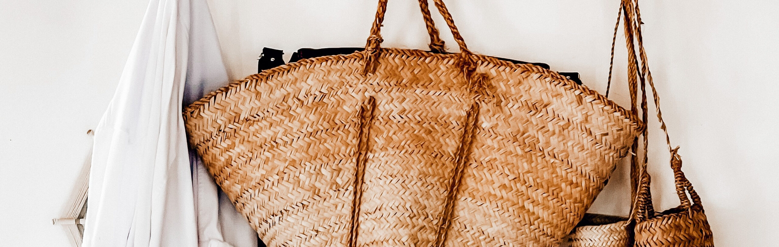 wicker baskets hanging on the wall