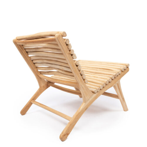teak lounge chair photographed from behind on white background