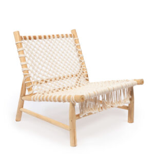 teak lounge chair with cotton woven seat and back