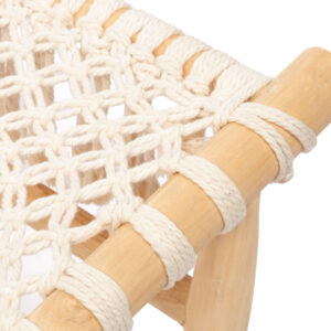 a detail of a chair made of teak and woven white cotton
