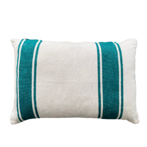 ecru-colored reclining pillow with green stripes on a white background