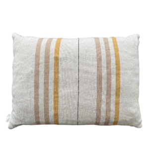 ecru square cushion with gold and sand stripes, photographed on a white background