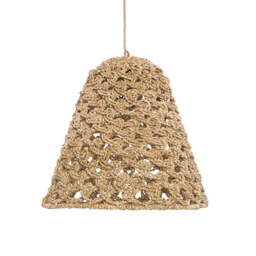 hanging lamp made of woven grass in natural color on a white background