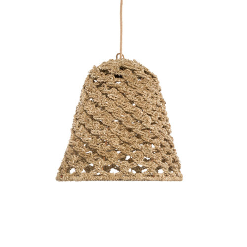 hanging lamp made of woven grass in natural color on a white background