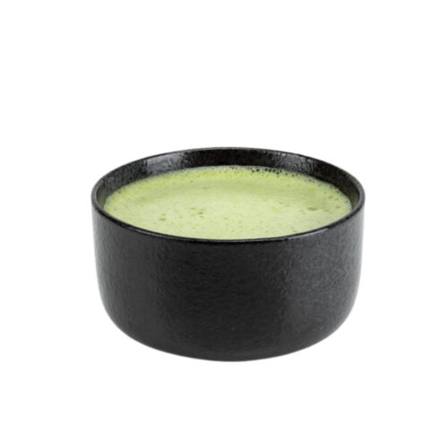 black mug with green matcha tea