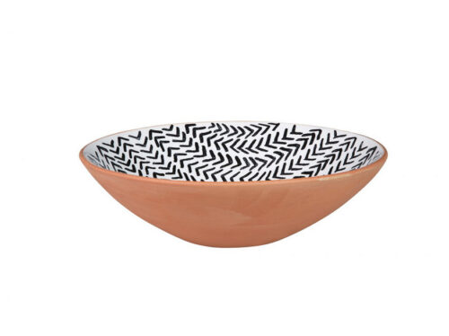 bowl black/white glazed on top and bottom terracotta, photographed on a white background